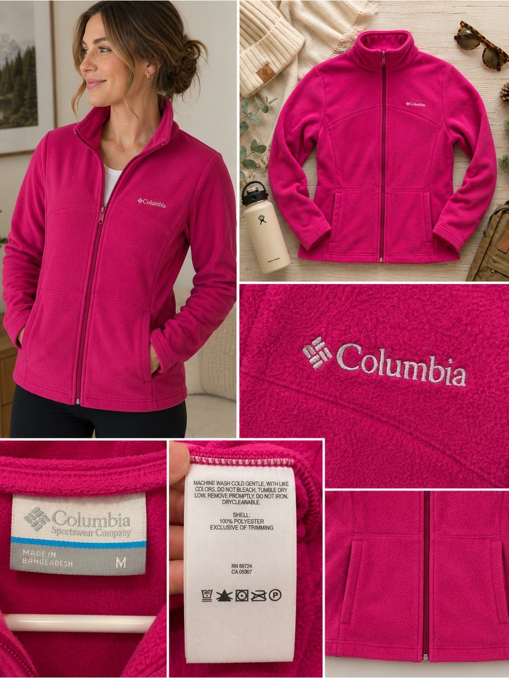 Columbia Fuchsia Pink Full Zip Fleece Jacket Women’s Medium Cozy Hiking Outdoor